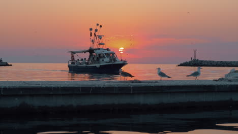 Sonnenuntergang-über-Dem-Meer,-Szene-Mit-Segelboot-Und-Möwen