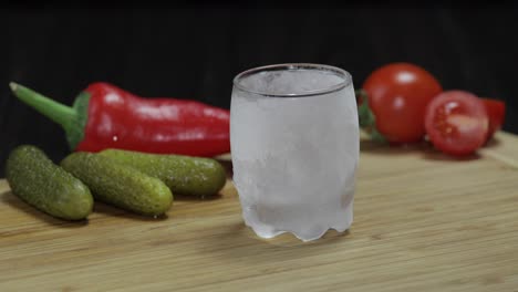 Man-puts-icy-glass-then-fills-it-with-vodka-and-picks-up-a-glass