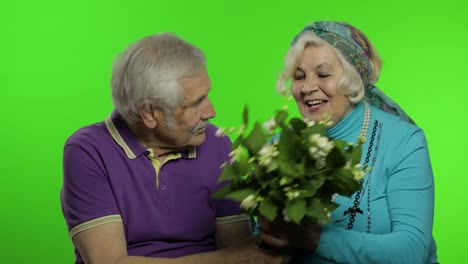 Mature-senior-old-couple.-Grandfather-gives-bouquet-of-flowers-to-grandmother