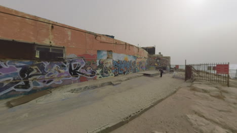 Man-with-dog-walking-along-graffiti-wall-on-sea-front