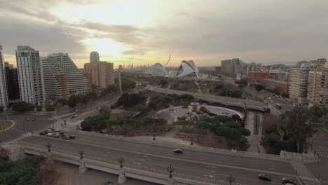 Aerial-view-of-Valencia-with-City-of-Arts-and-Sciences-at-sunset-Spain