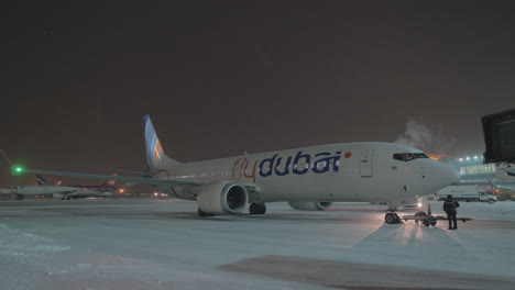 Flydubai-aircraft-in-Sheremetyevo-Airport-at-winter-night-Moscow