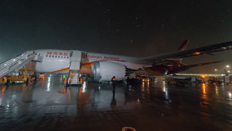 Hainan-Airlines-plane-after-deboarding-night-arrival-to-Sheremetyevo-Airport