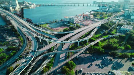 overview-of-splitting-bridge-into-a-different-directions-for-vehicles-diversions-to-move-around-transport-safely-following-the-procedures-and-signs-summer-houses-Acosta-Bridge,-Jacksonville,-Florida