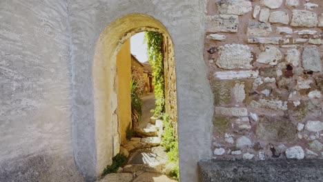 Wall-archway-made-of-stone-with-green-plants-of-a-small-village