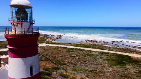 Drone-pullback-past-old-Cape-Agulhas-lighthouse-on-southernmost-tip-of-Africa