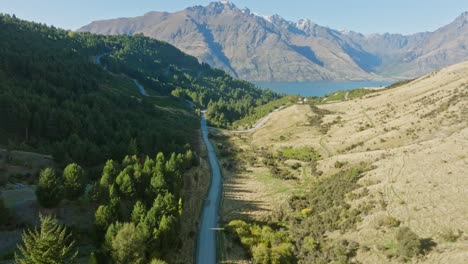 Aerial-view-of-mountainous-landscape-and-calm,-placid-Moke-Lake-in-the-remote-wilderness-of-Otago,-South-Island-of-New-Zealand-Aotearoa
