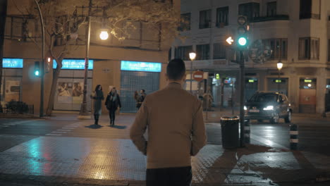 Pedestrians-walking-across-the-street-on-green-traffic-light-in-night-Valencia