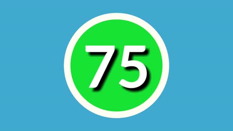 Número-75-Setenta-Y-Cinco-Gráficos-En-Movimiento-De-Animación-De-Símbolos-De-Signos-En-Esfera-Verde-Sobre-Fondo-Azul,-Número-De-Vídeo-De-Dibujos-Animados-De-4k-Para-Elementos-De-Vídeo