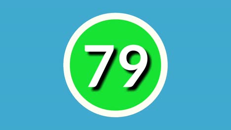 Nummer-79-Neunundsiebzig-Zeichen,-Symbolanimation,-Bewegungsgrafiken-Auf-Grüner-Kugel-Auf-Blauem-Hintergrund,-4K-Cartoon-Videonummer-Für-Videoelemente