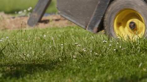 Cutting-garden-grass-with-lawn-mower-tractor,-low-angle-view