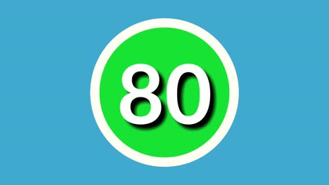 Nummer-80-Achtzig-Zeichensymbol-Animation-Bewegungsgrafiken-Auf-Grüner-Kugel-Auf-Blauem-Hintergrund,-4K-Cartoon-Videonummer-Für-Videoelemente
