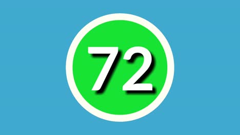 Nummer-72-Zweiundsiebzig-Zeichensymbol-Animationsgrafiken-Auf-Grüner-Kugel-Auf-Blauem-Hintergrund,-4K-Cartoon-Videonummer-Für-Videoelemente