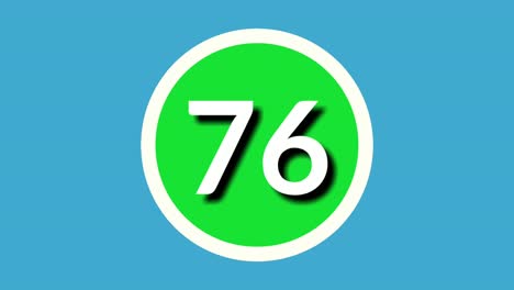 Número-76-Setenta-Y-Seis-Gráficos-De-Movimiento-De-Animación-De-Símbolos-De-Signos-En-Esfera-Verde-Sobre-Fondo-Azul,-Número-De-Vídeo-De-Dibujos-Animados-De-4k-Para-Elementos-De-Vídeo