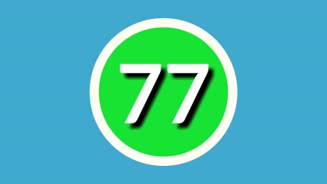 Nummer-77-Siebenundsiebzig-Zeichen-Symbol-Animationsgrafiken-Auf-Grüner-Kugel-Auf-Blauem-Hintergrund,-4K-Cartoon-Videonummer-Für-Videoelemente