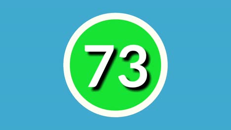 Número-73-Setenta-Y-Tres-Símbolos-De-Signos-Animación-Gráficos-En-Movimiento-En-Esfera-Verde-Sobre-Fondo-Azul,-Número-De-Vídeo-De-Dibujos-Animados-De-4k-Para-Elementos-De-Vídeo