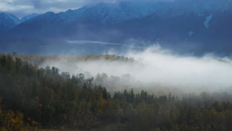 Una-Fina-Niebla-Se-Arrastra-Y-Gira-Sobre-El-Bosque-Otoñal-En-El-Valle-Montañoso