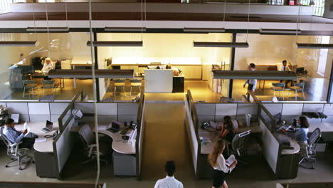 Elevated-view-of-staff-working-in-a-busy-open-plan-office