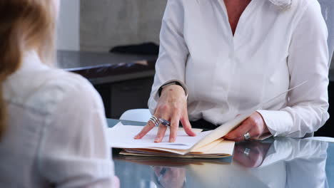 Woman-signing-papers-with-senior-businesswoman,-mid-section