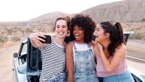 Freundinnen-Machen-Selfies-Während-Einer-Pause-Auf-Einem-Roadtrip