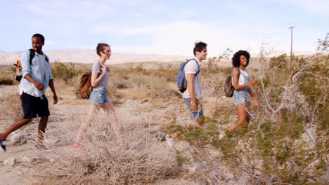 Five-young-adults-hiking-in-Palm-Springs-desert,-side-view