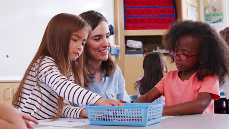 Female-elementary-school-teacher-helping-two-girls-in-class