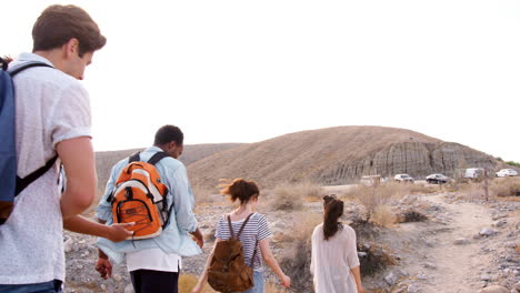 Cinco-Adultos-Jóvenes-Caminando-En-El-Desierto-De-Palm-Springs,-Siguen-La-Foto
