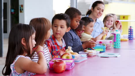 Niños-De-Escuela-Primaria-Y-Profesor-En-Una-Mesa-Almorzando