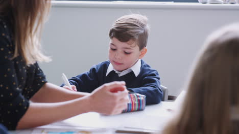 Lehrerin-Sitzt-Mit-Schulkindern-In-Einer-Grundschulstunde-An-Einem-Tisch,-Selektiver-Fokus