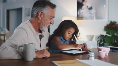 Senior-man-talking-with-granddaughter-while-she-uses-stylus-and-tablet-computer,-close-up,-side-view
