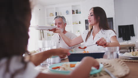 Over-shoulder-view-of-young-girl-eating-at-the-table-with-her-family-while-her-mum-serves-food