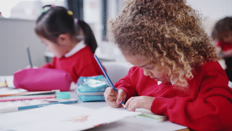 Close-up-of-mixed-race-schoolgirl-drawing-at-desk-in-an-infant-school-classroom,-focus-on-foreground