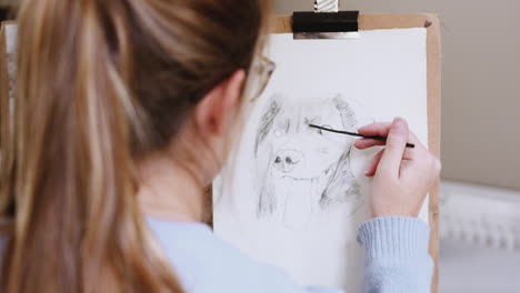 Over-The-Shoulder-View-Of-Female-Teenage-Artist-At-Easel-Drawing-Picture-Of-Dog-In-Charcoal