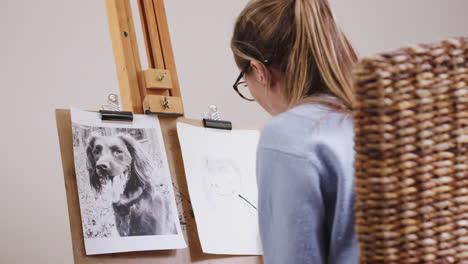 Female-Teenage-Artist-Sitting-At-Easel-Drawing-Picture-Of-Dog-From-Photograph-In-Charcoal