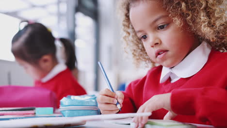Close-up-of-mixed-race-schoolgirl-sitting-at-desk-in-an-infant-school-classroom-drawing,-low-angle