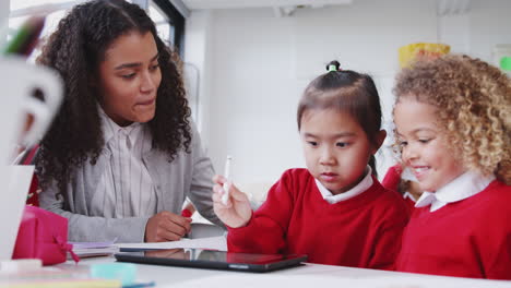 Eine-Kleinkindlehrerin-Hilft-Zwei-Schulmädchen-Mit-Einem-Tablet-Computer-Und-Einem-Stift,-Nahaufnahme