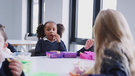 Grundschulkinder-Sitzen-An-Einem-Tisch,-Essen-Ihr-Lunchpaket-Und-Reden-Miteinander,-Aus-Nächster-Nähe