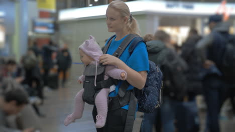 Süßes-Baby-In-Einer-Babytrage-Am-Flughafen