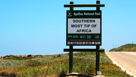 Sign-at-Agulhas-National-Park-welcoming-tourists-at-Southern-Most-Tip-of-Africa