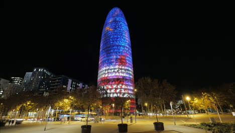 Timelapse-of-Barcelona-with-illuminated-Torre-Agbar-at-night-Spain