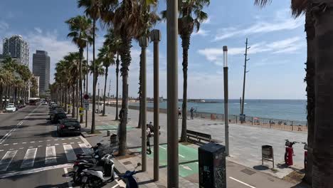 Coast-view-while-City-tour-around-the-city-of-Barcelona-by-bus,-Spain