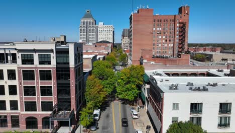 Aerial-shot-of-downtown-Greensboro,-North-Carolina-on-autumn-day