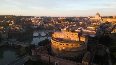 Drone-Flies-Above-Castel-Sant'Angelo,-River-Tiber-with-St