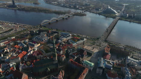 Aerial-panoramic-shot-featuring-Riga's-Railway-bridge-over-Daugava-river,-near-dome-cathedral,-St
