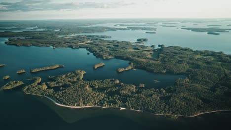 Aerial,-Drone,-lakes,-islands-and-forest,-Finland,-Saimaa
