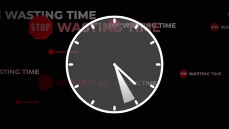 Round-classic-clock-on-solid-black-background-spinning-fast,-time-running-out-stop-wasting-time-concept-animation