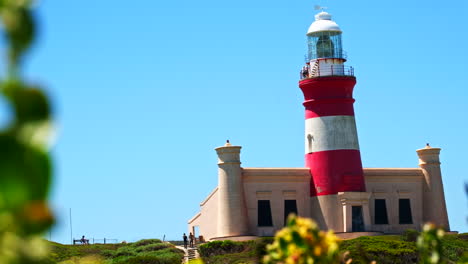 Iconic-landmark-of-Cape-Agulhas-lighthouse-on-treacherous-coastline,-telephoto