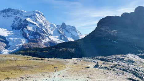 Mountain-Freedom:-Matterhorn-Mountain-Landscape-Near-Rotenboden-and-Gornergart,-Switzerland,-Europe-|-Looking-Around-Landscape-Near-Rock-Sculpture-and-Alignment-with-Mountain,-Hiking
