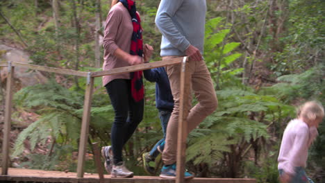Couple-and-young-kids-walking-over-wooden-bridge-in-a-forest