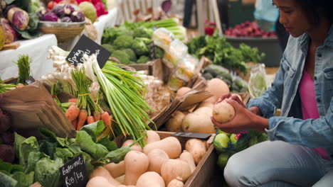 Junge-Frau-Kauft-Gemüse-An-Einem-Lebensmittelmarktstand